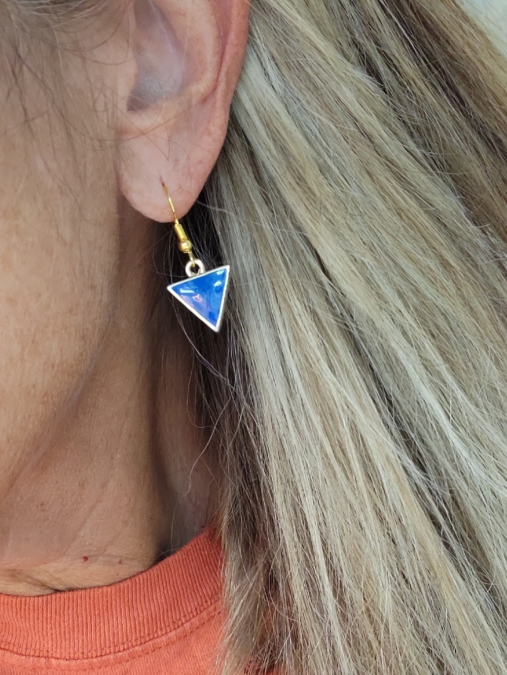 VINTAGE 80's Gold-Trim Blue Triangle Drop Earrings - Women Jewelry